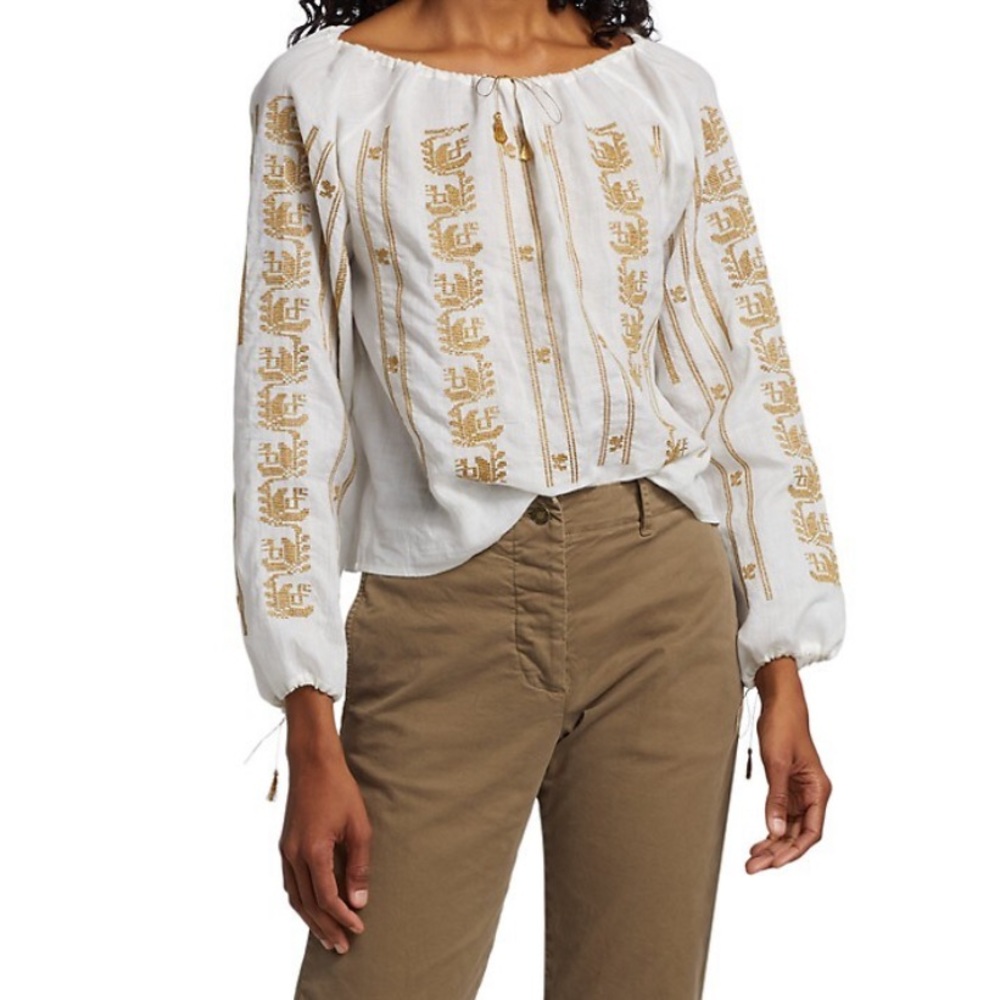COPY - Nili Lotan Geneve Embroidered Woven Tassel Blouse